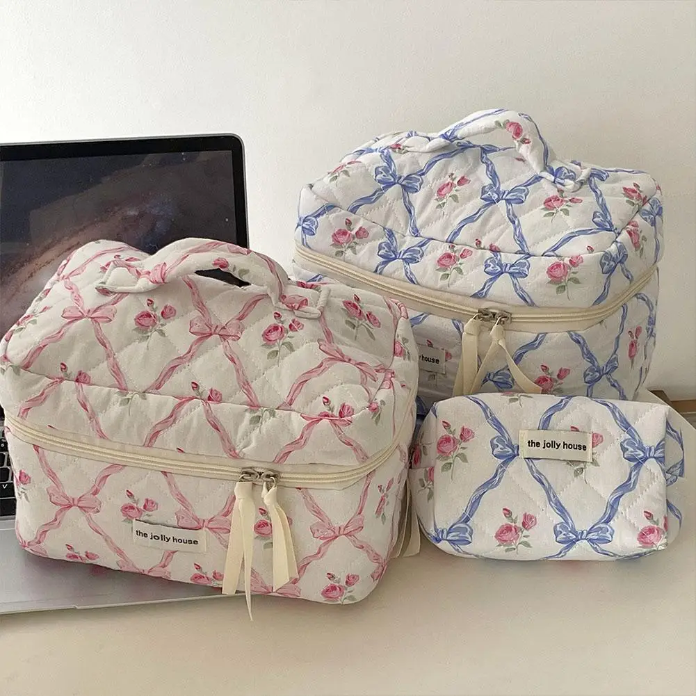 Cute Bow Flower Quilting Makeup Bag Women Zipper Cosmetic Organizer Female Cloth Handbag Portable Toiletry Case For Girls