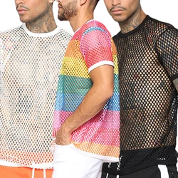 Men Mesh See Through T-Shirt Fishnet Hollow Clubwear Streetwear Perform Male Short Sleeve Undershirt Top Tee 5XL Sexy Rainbow