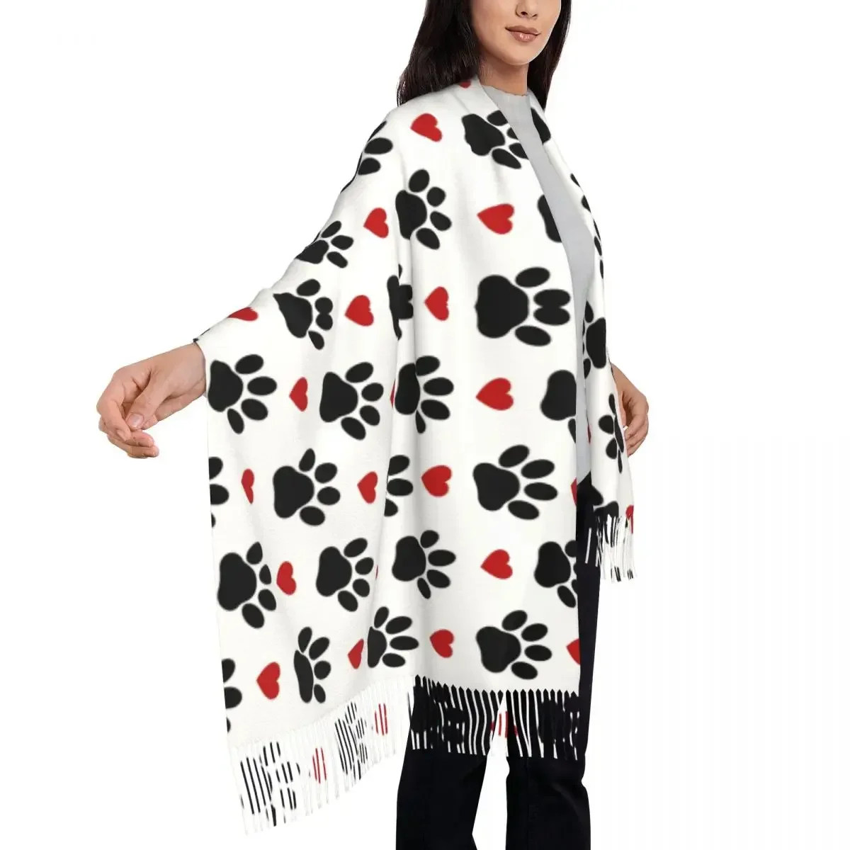 Fashion Pattern Of Dog Paw Tassel Scarf Women Winter Warm Shawl Wrap Female Black Paws Red Hearts Scarves