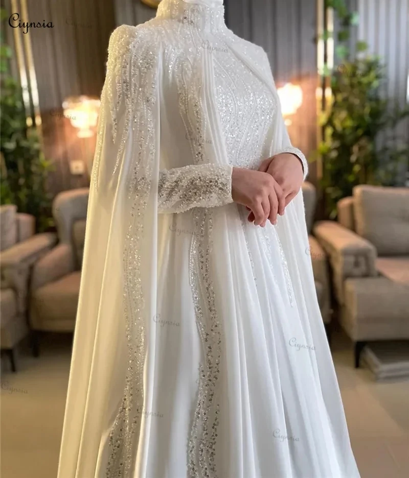 Robes de mariée musulmanes de Dubaï personnalisées avec hijab, col haut, patients islamiques, quelle que soit la mousseline de soie perlée, manches longues