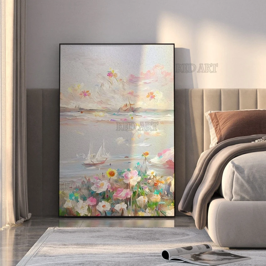 Modern Hand Painted Palette Knife Art, Abstract Flowers Oil Painting, Lake Scenery Canvas, Wall Picture Art, No Framed Murals