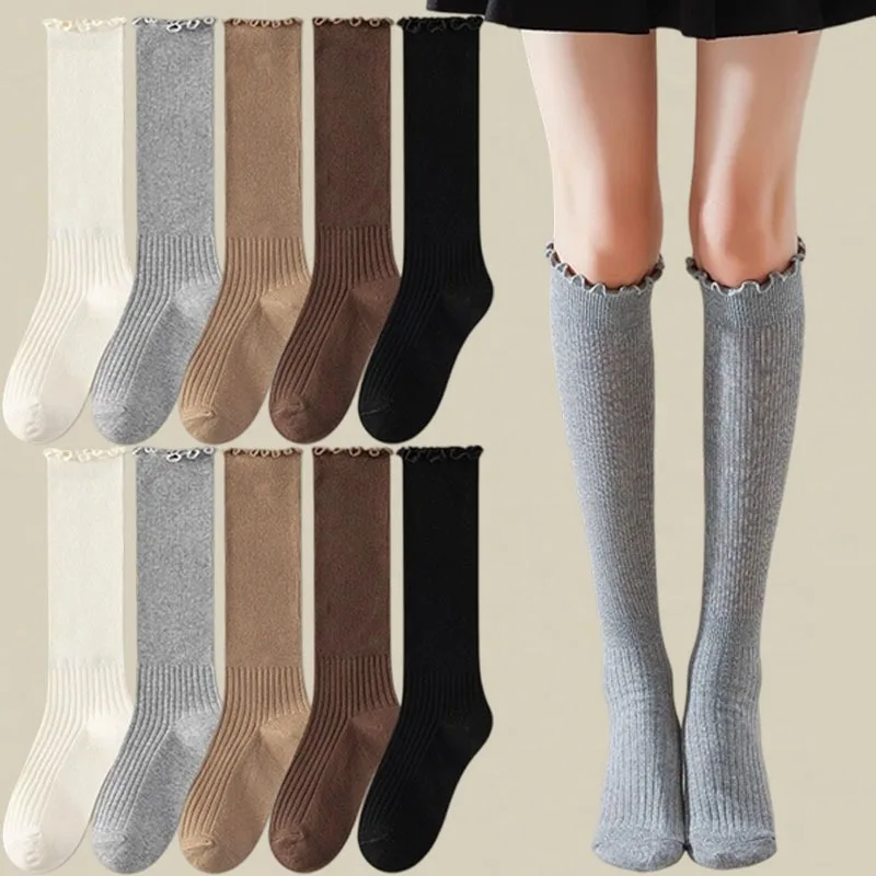 

Lace Trim Ruffled Edge Knee Socks with Wood Ear Ruffle Japanese Style Slouchy Socks for Women Daily Casual Wear Sweet Stockings