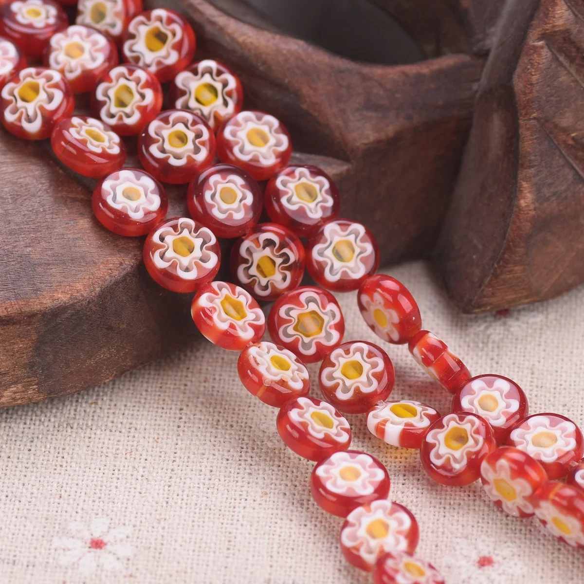 35pcs(1 Strand) Flat Round 10mm Red Flower Handmade Millefiori Glass Loose Beads Lot For Jewelry Making DIY Craft Findings