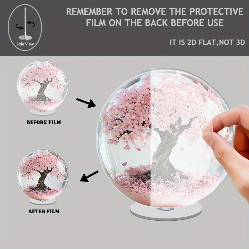 2D Flat 1pc Rotatable Acrylic Desktop Ornament, Realistic Cherry Blossom Tree Blooming Pink Petals, Sparkling Particles Floating