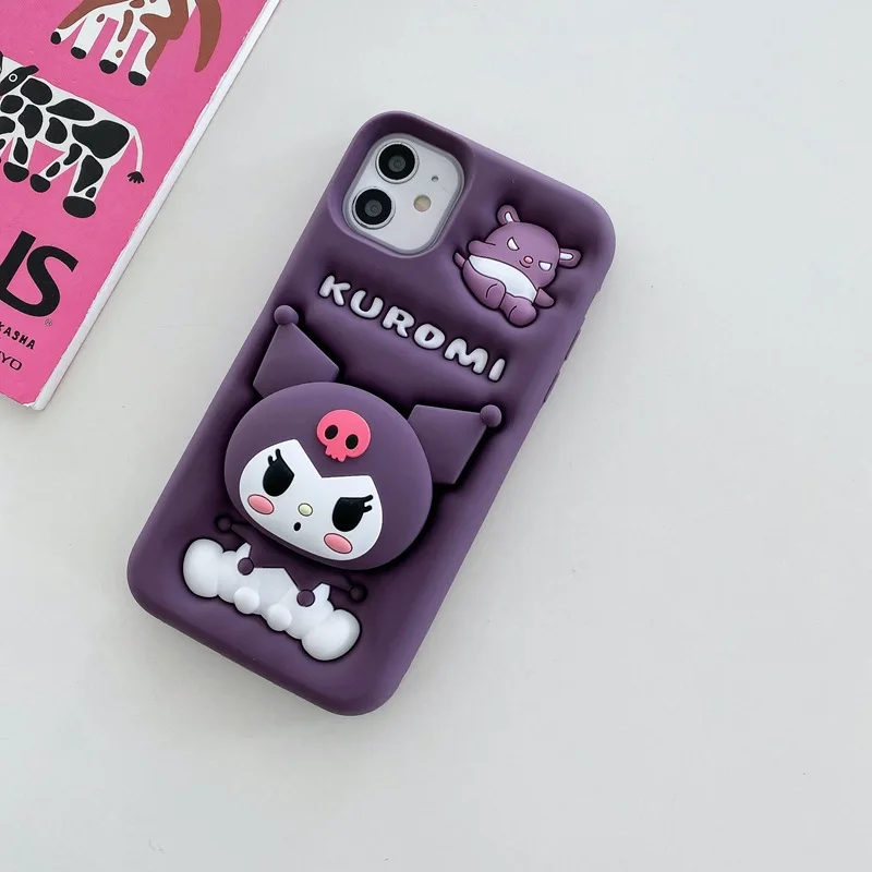 Bonito 3d kuromi cabeça aperto tok titular caso de telefone para iphone 15 11 14 13 12 11 dos desenhos animados anti-queda à prova de choque silicone capa macia