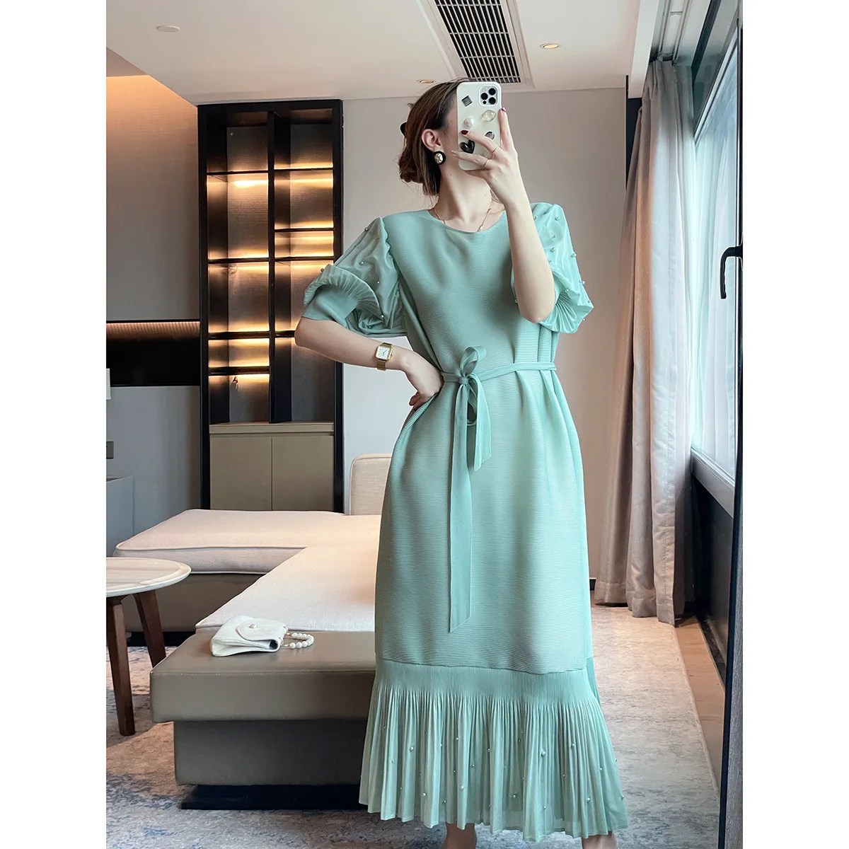 

Miyake Fold 2023 Summer Temperament Celebrity High Sense Women's Dress Cold Wind Waist Fishtail Long Dress Woman