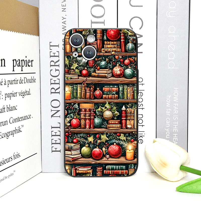 เคสโทรศัพท์ลายหนังสือตกแต่งคริสต์มาสสำหรับ iPhone 16 12 11 14 13 15 Pro Max Mini X XS XR SE2 7 8 Plus แบบนิ่ม