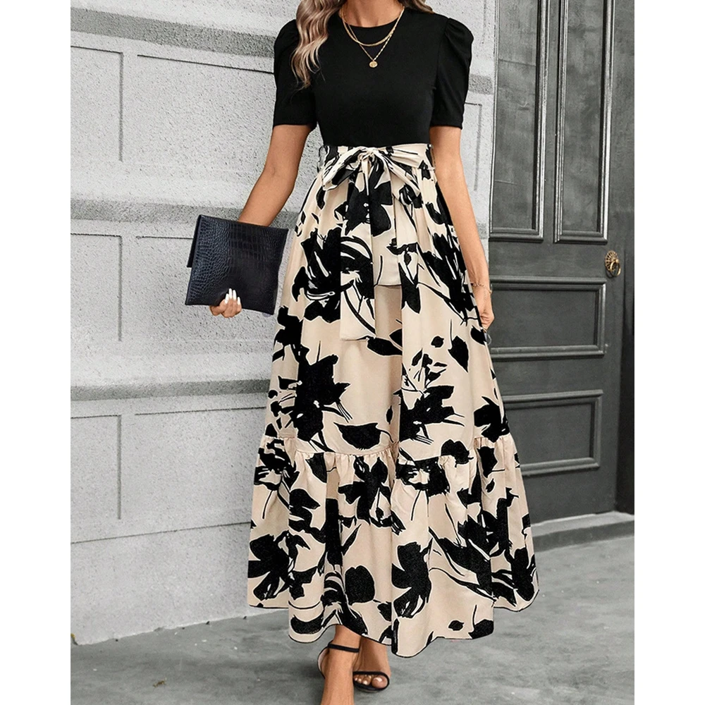 

Women's Floral Print Tied Waist Maxi Summer Dress Puff Sleeve Elegant Dress Ruched Outwear Office Lady Dresses for Women