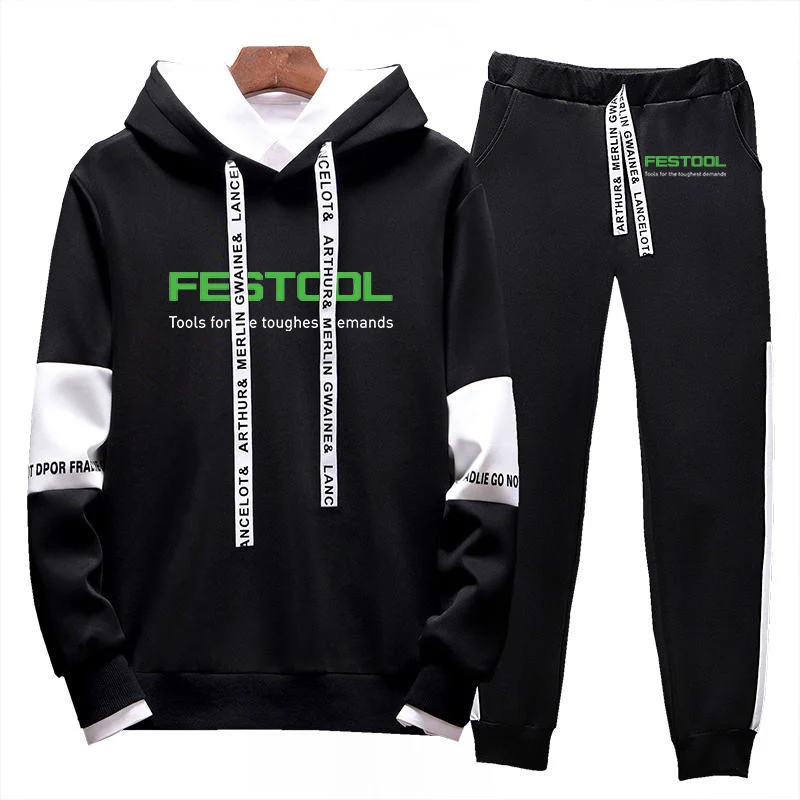 2025 Spring And Autumn Man's New Type Lace Sets Festool Logo Print Drawstring Hooded Pullover Hoodies+Casual Long Pants Suits