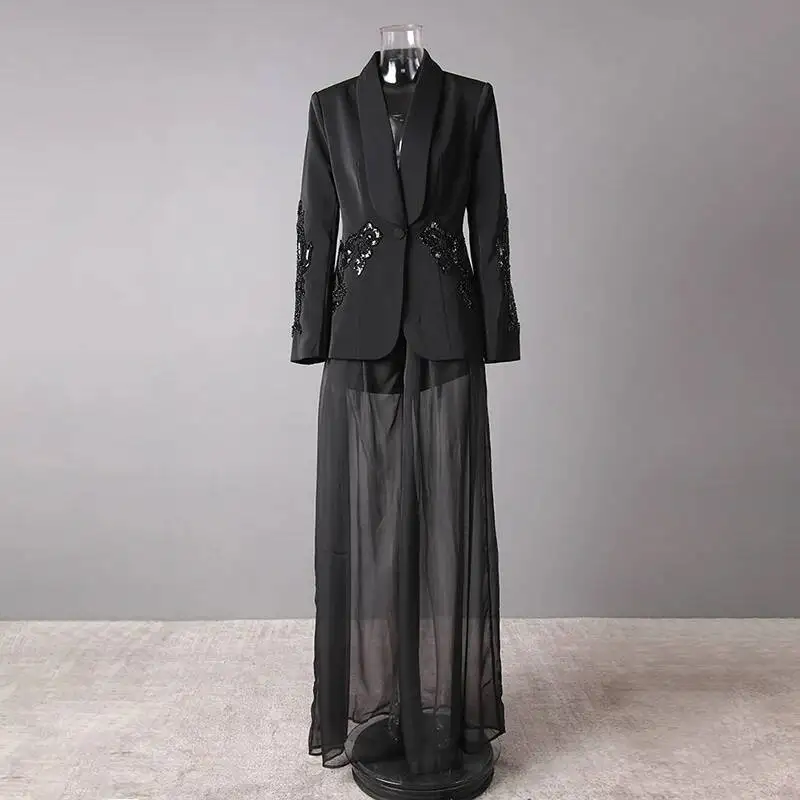 Fashion 2 Piece Set Women's Lapel Single Button Mesh Splicing Nail Bead Blazer High Waist Chiffon Pant Suit Summe RZVD