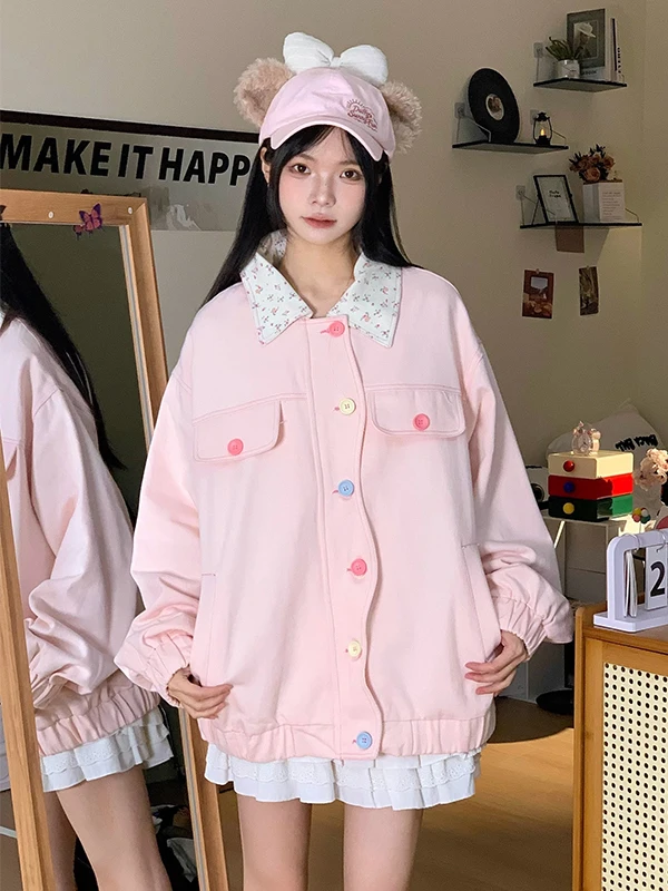 

Женская бейсбольная куртка Sweet Sle больших размеров с розовым цветочным принтом, корейский стиль, весенне-осенний топ на пуговицах, свободный крой