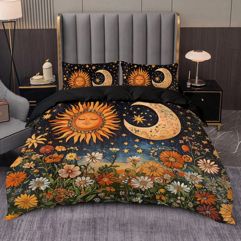 3PC Flower Sun and Moon High-Definition Printed Felt Duvet Cover Set (1 Duvet Cover + 2 Pillowcases) Machine Washable Set