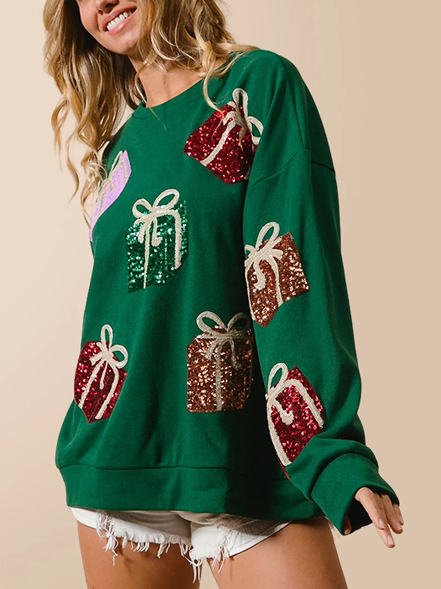 女性のクリスマス刺embroideredスウェットシャツ,長袖セーター,ラウンドネックのルーズなスパンコール,カジュアルなストリートウェア,ギフトボックス