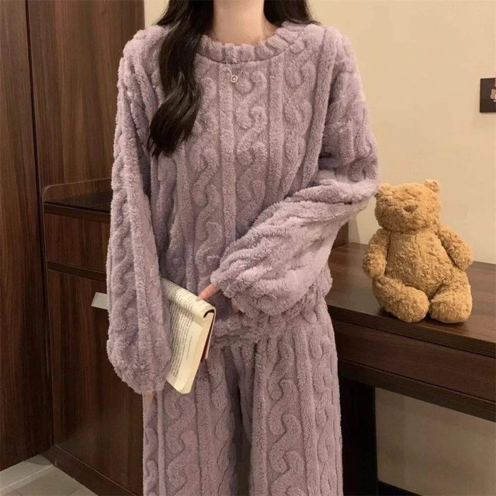 New Thicken Warm Women Pajama Set Simple Autumn Winter Fleece Long Sleepwear Soft Cozy Thermal Underwear Set Women