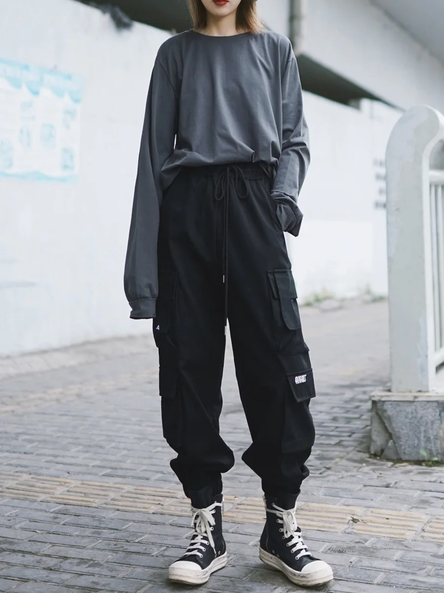 

Cool Street Style Loose Work Pants for Women with Multiple Pockets Functional Fashion High Waist Cotton Polyester Blend City ...