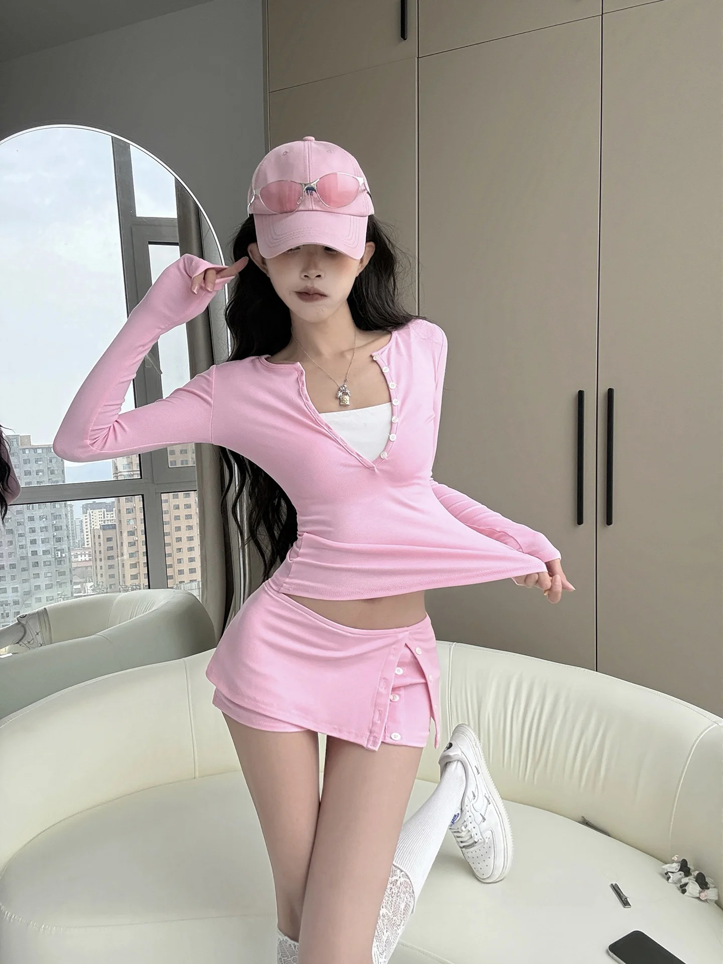 MianCun Women's Slim Fit round Neck Long Sleeve T-Shirt Top with Elastic Shorts Set Daily Style Cotton Blend Stretch Fabric