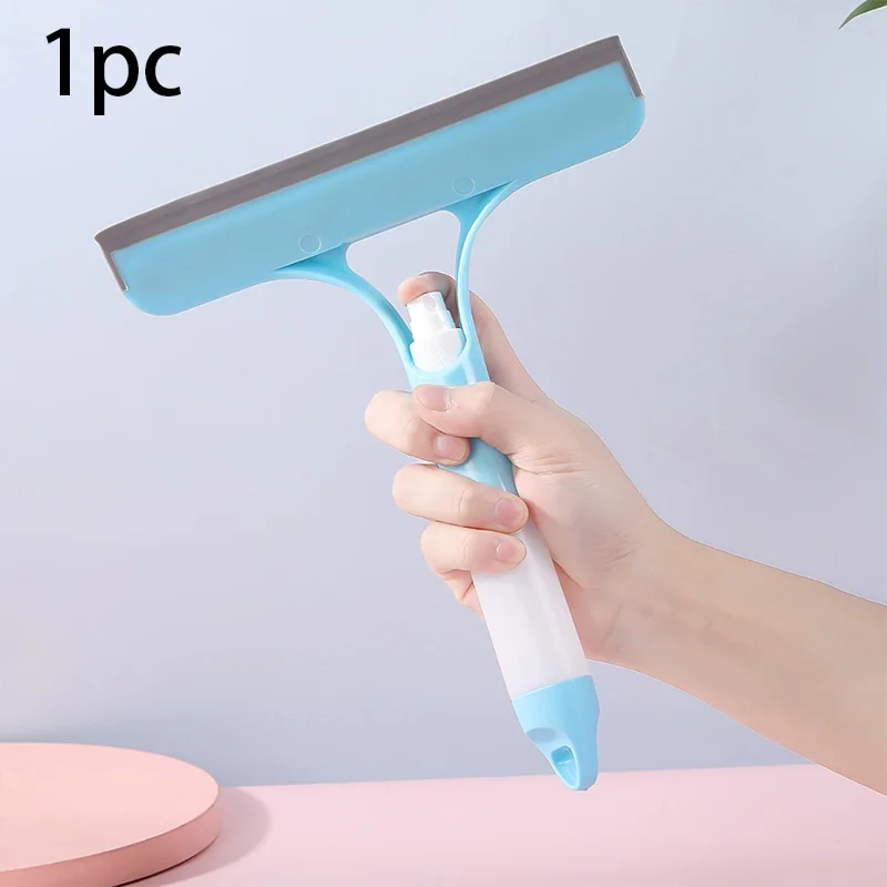 طقم تنظيف النوافذ 3 في 1 - منظف زجاجي مزدوج الجوانب مع ممسحة وزجاجة رذاذ للمرايا وأبواب الدش ولا يضرب (أزرق/B)