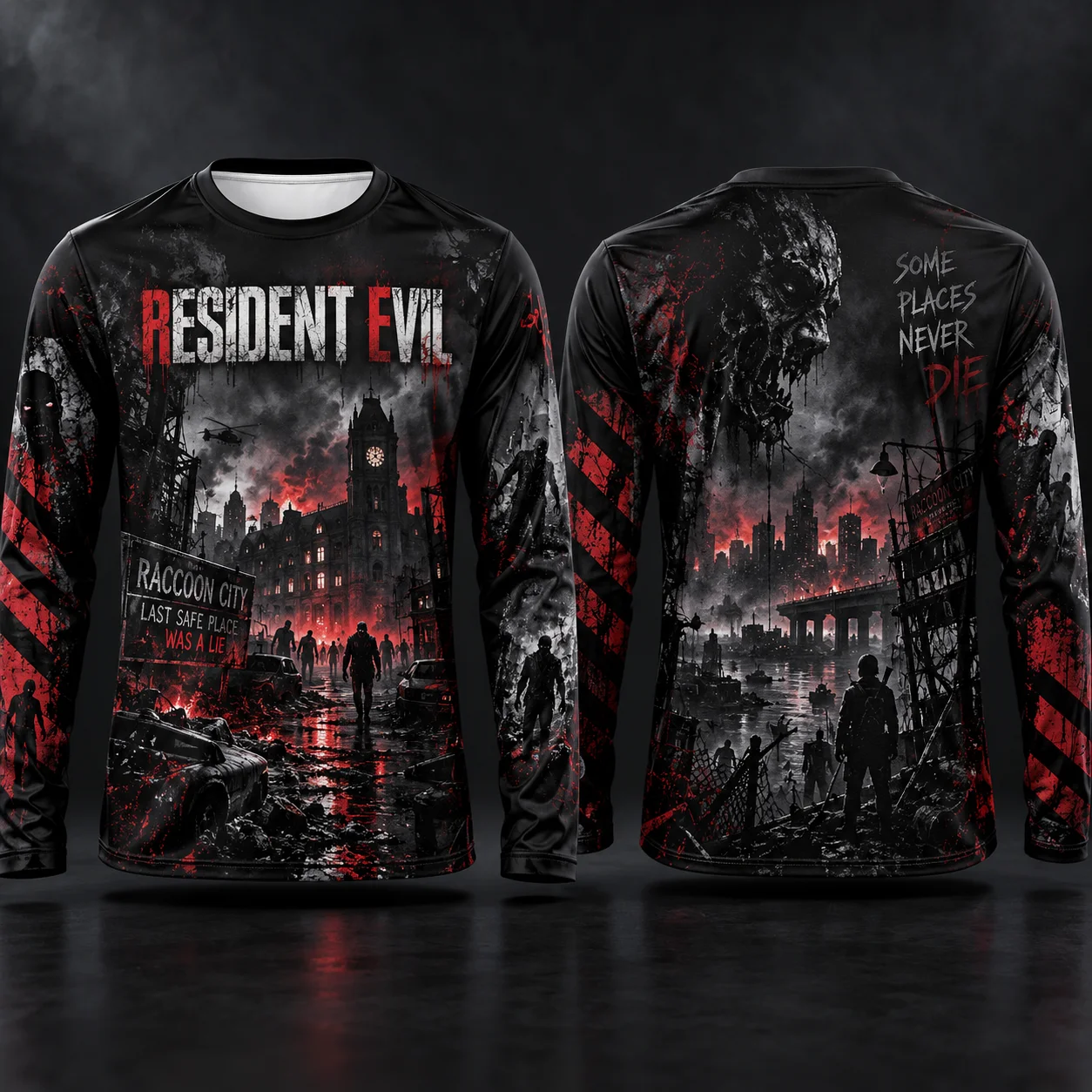 Resident Evil Long Sleeve T Shirt 3D Full Print Raccoon City Zombie Graphic Tee, Horror Game Streetwear Long Sleeve Top for Men