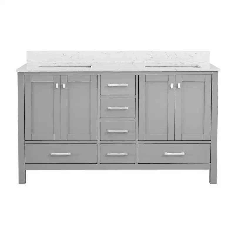 

60-inch Bathroom Vanity, Solid Wood Frame Storage Cabinet, Freestanding Double Basin Sink, Gray Finish with Ample Storage