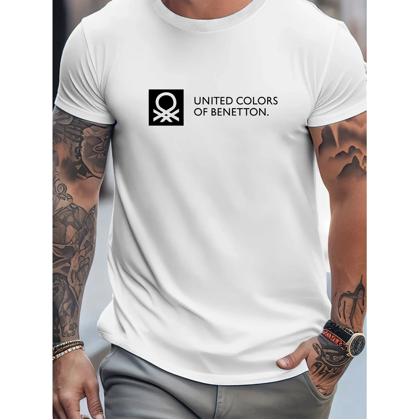 BENETTON Herren T-Shirt Lässige Mode Kurzarm Bedrucktes T-Shirt Marken-T-Shirt Sommer Streetwear Top – Detail 3