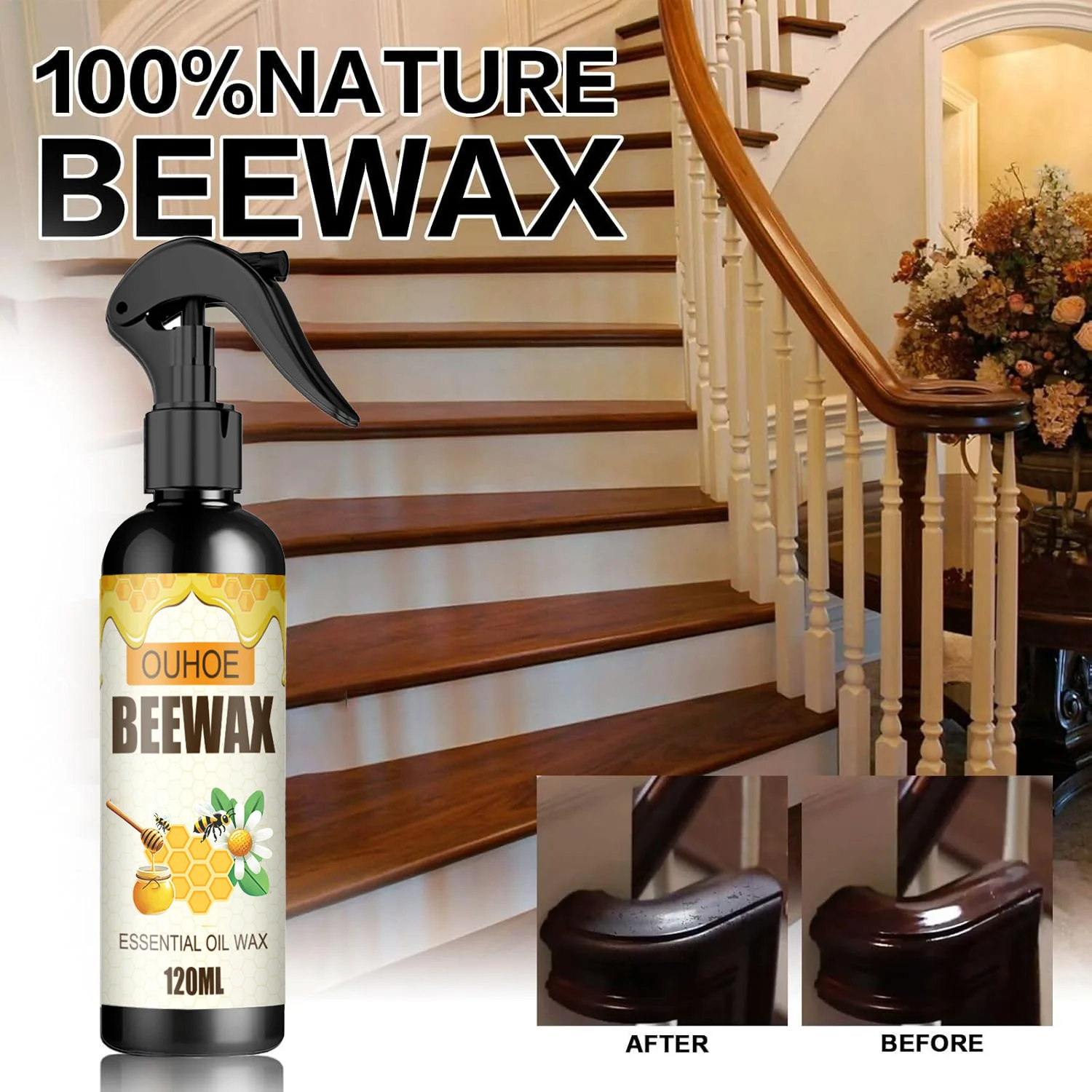 Natural Beeswax Polish Spray for Wood Furniture Floor Restores Shine, Prevents Cracks & Scratches, Wood Care Maintenance Kit