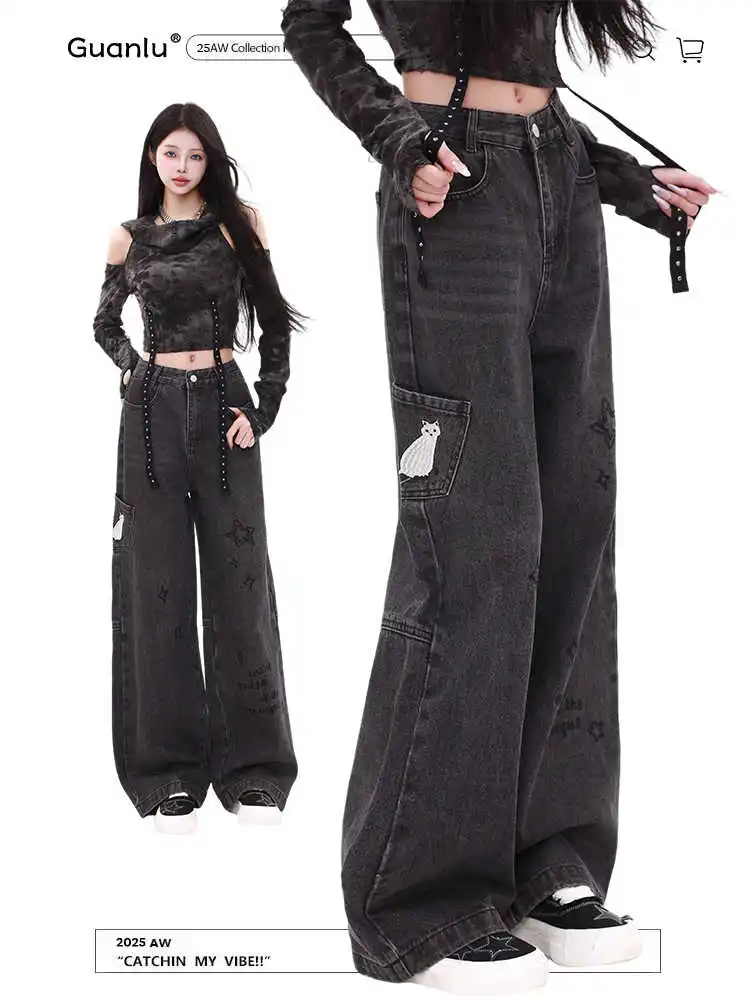 

Women Blue Jeans Cargo Pants Streetwear High Waist American Wide Leg Pants Fashion Y2K Style Female Winter Straight Trousers