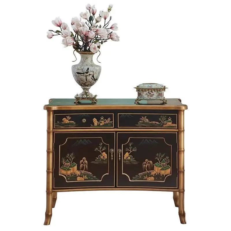 

Medieval entrance cabinet, art-painted solid wood dining side cabinet, foyer decorative storage tea cabinet