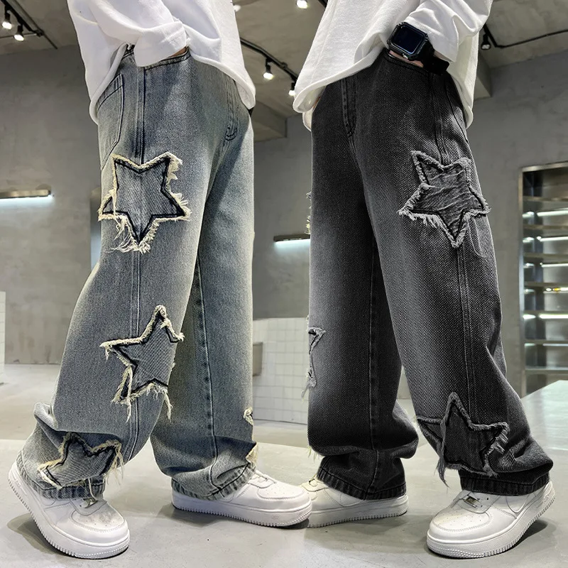 New Fashion Teenager Boys Denim Wide Leg Pants Child Trousers Spring Autumn Star Splicing Raw Edge Jeans 5-14 Yrs Kids Trousers