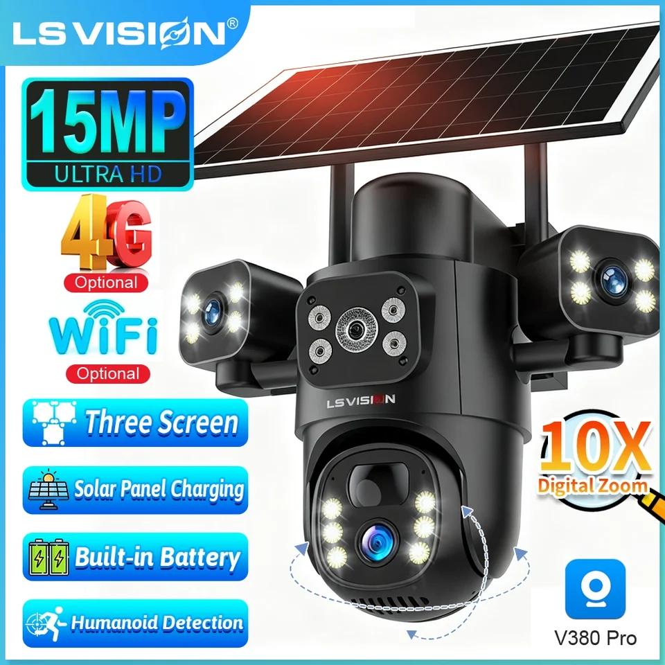 4G V380 15MP ソーラー防犯カメラ LS VISION V380 Pro 15MP WiFi Solar Camera 4G SIM 3-Screens 10X