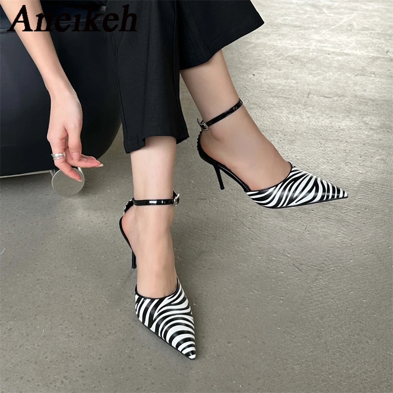 Aneikeh Fashion Women\'s Zebra Striped Pointed Toe Stiletto High Heel Shoes Shallow Cut Dress Pumps Lace-Up Elegant Banquet Shoes