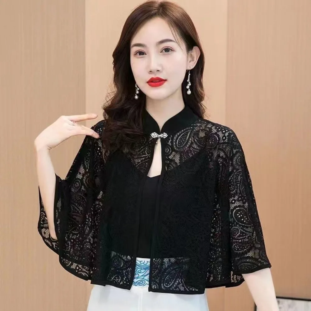 Protection Cervical Spine Spring Summer Shawl Raglan Sleeve Lace False Collar Long Sleeve Tulle Shawl Evening Prom Cape