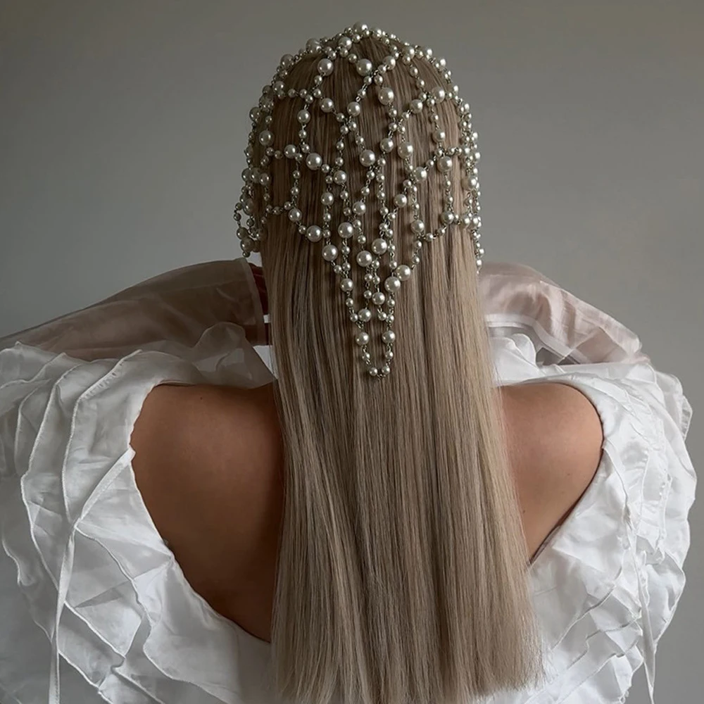 Boho Imitation Pearl Mesh Hat Headpiece Wedding Jewelry for Women Handmade Round Beads Bridal Head Chain Cap Hair Accessories
