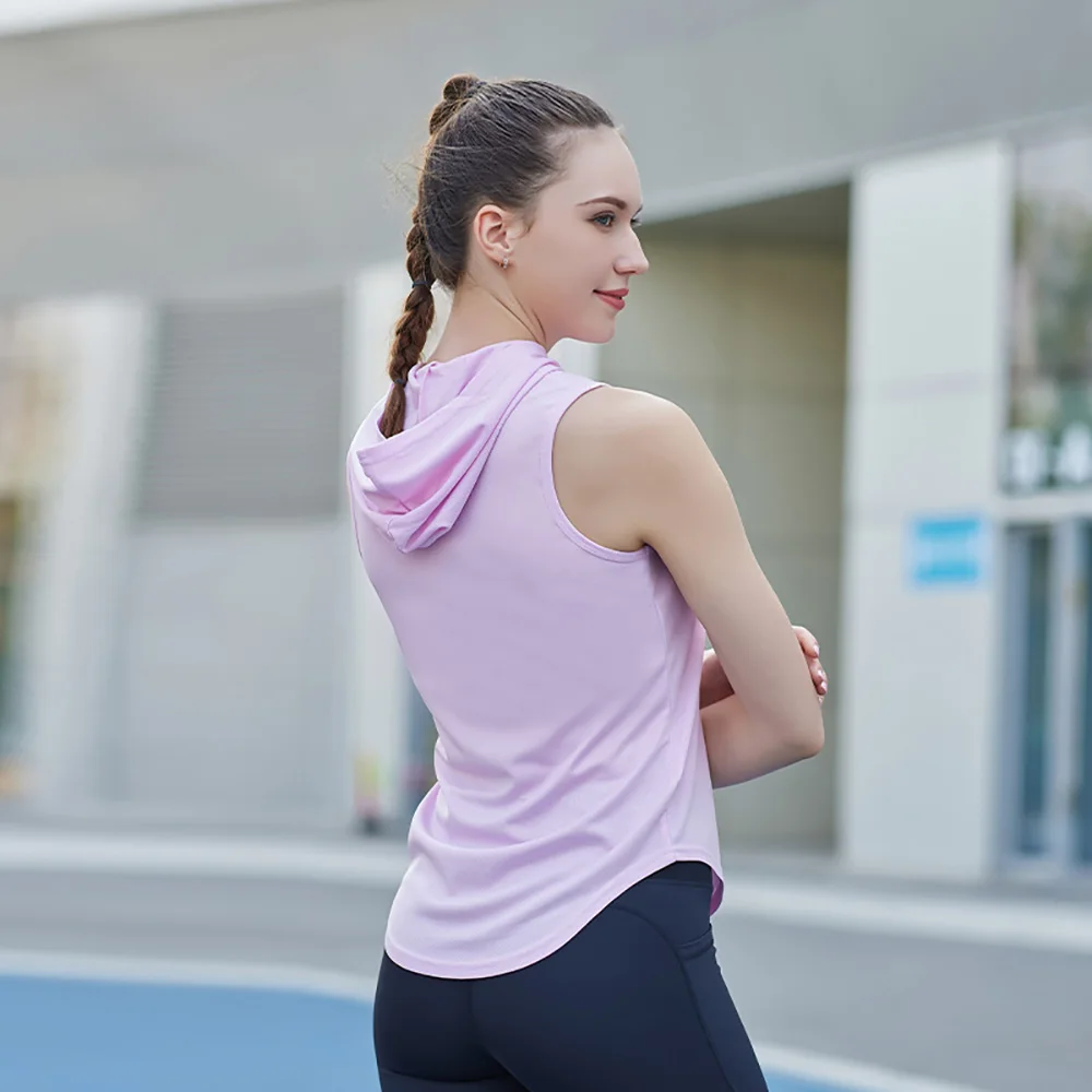 여성 운동 후드 탱크 요가 탑 러닝 셔츠 빠른 건조 체육관 민소매 탱크 탑 후드 운동 운동복