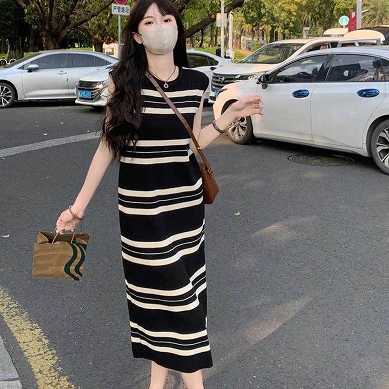 Sleeveless Knitted Long Dress Women Striped Tank Sexy Casual Korean All-match Summer Chic Fashion