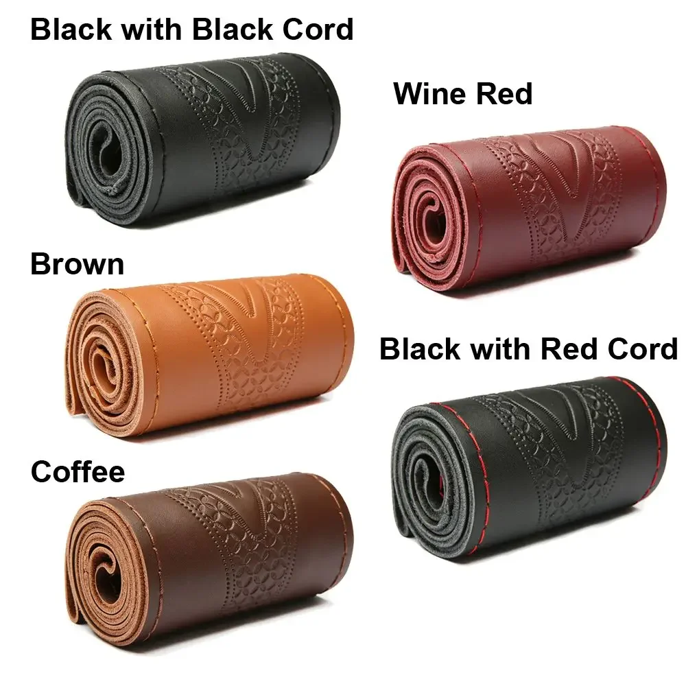 Genuine Leather Car Steering Wheel Cover Men Women Hand Sewing 14.5-15