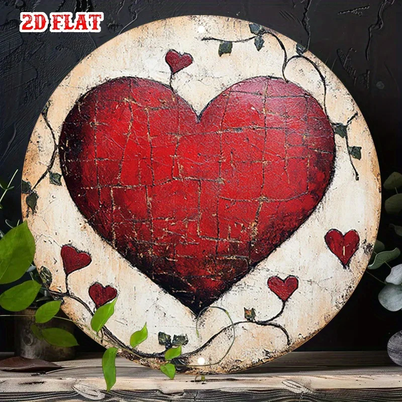 2D Flat - A Single Rustic Tin Sign in 2D Design Showcasing a Big Red Heart Surrounded by Smaller Hearts on Branches, Perfect for