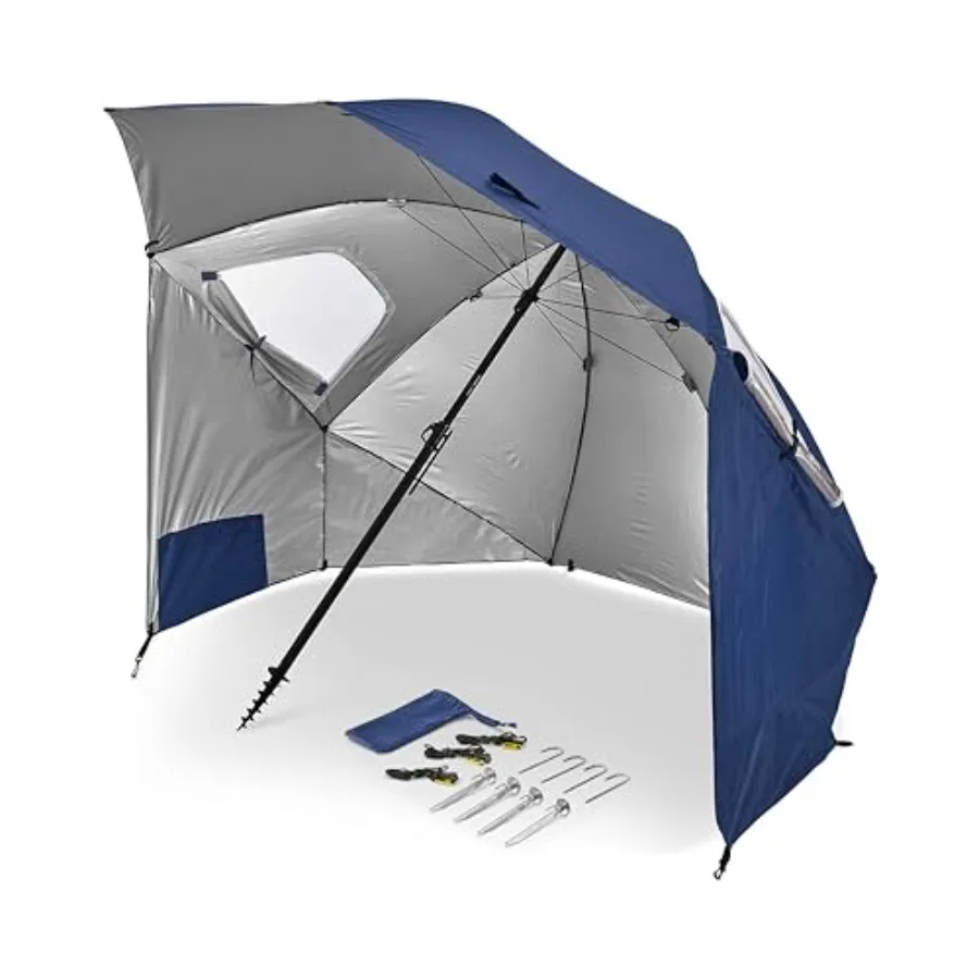 

Premiere UPF 50+ umbrella shelter for beach and backyard use, heavy-duty steel frame with black canopy, patented side panels an