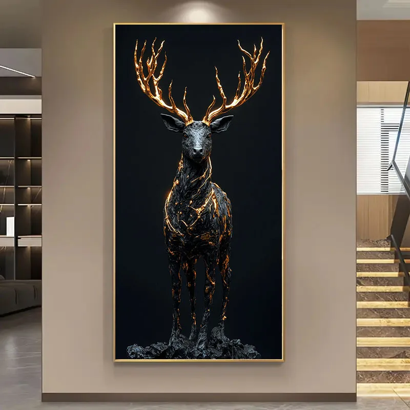 

2D/Flat Large Frameless Golden Deer Head Canvas Wall Art - Modern Abstract Textured Canvas Prints Art for Living Room Decortions