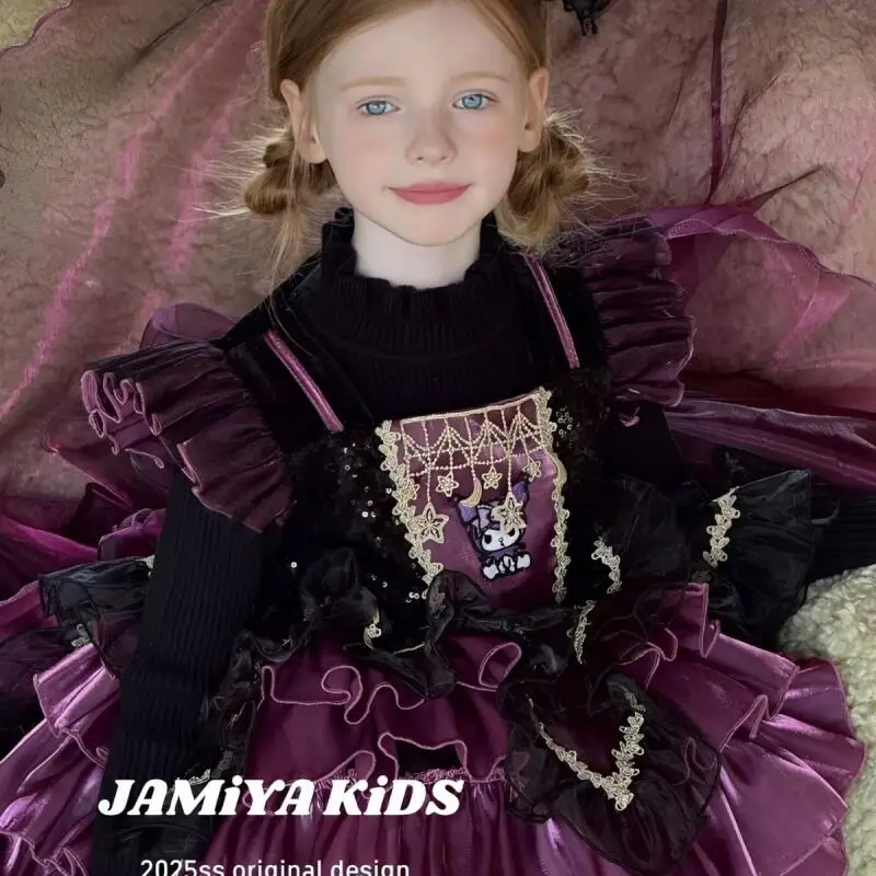 

Платье принцессы Лолиты в стиле аниме Kuromi для девочек, кружевное бальное платье, детское праздничное платье на Хэллоуин с украшением в виде банта, многослойное платье, пышная юбка