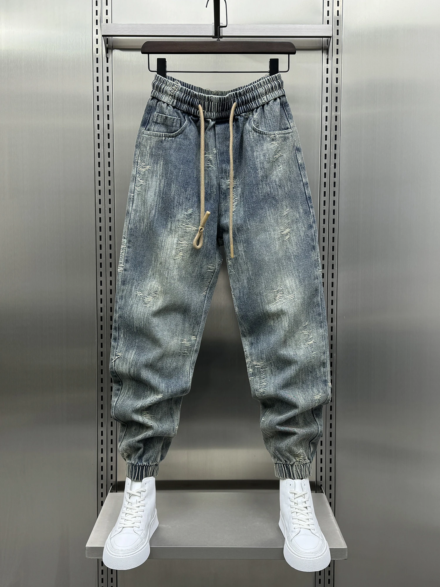 

Мужские джинсы свободного кроя в винтажном стиле из денима с манжетами, повседневные брюки-харлан, износостойкие, на шнурке, осень 2024