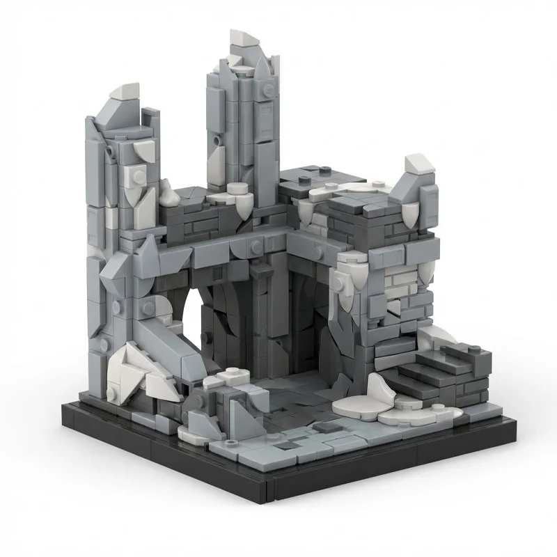 MOC Ancient Grey Stone Ruins Vignette with Broken Wall & Staircase Diorama Block Model