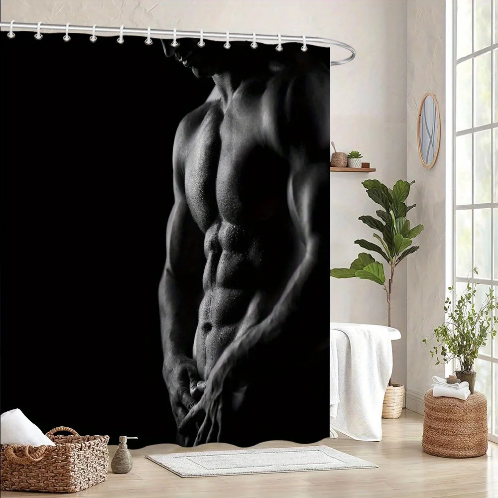 Muscular Man Shower Curtain Black and White Body Art Bathroom Decor Sexy Male Figure 3D Printed Waterproof Bath Curtain Home
