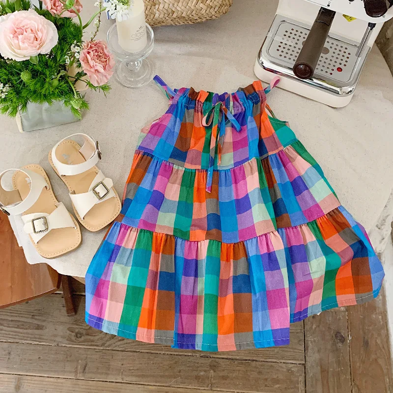 Girls Skirt Childrens Clothes 2024 Summer New Girls Treasure Check Slip Dress Color Checkered Sundress Casual Simple Match