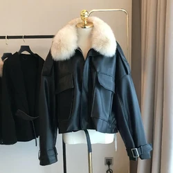 Winter Warm Waterproof Lamb Coat Thick Loose Parka Faux Fur Leather Jacket Female Plus Size Zipper Moto Biker Outerwears