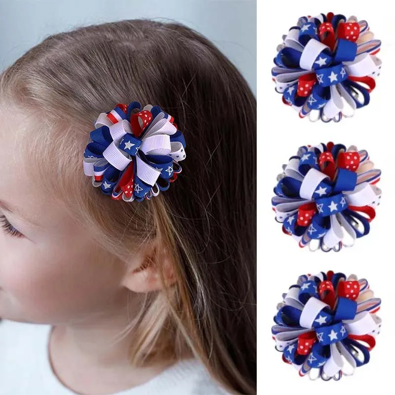 

Oaoleer 2Pcs Ribbon Flower Hairpins 4th of July Hair Clips for Kids Girl Flag Print Hair Pin Barrettes Headwear Hair Accessories