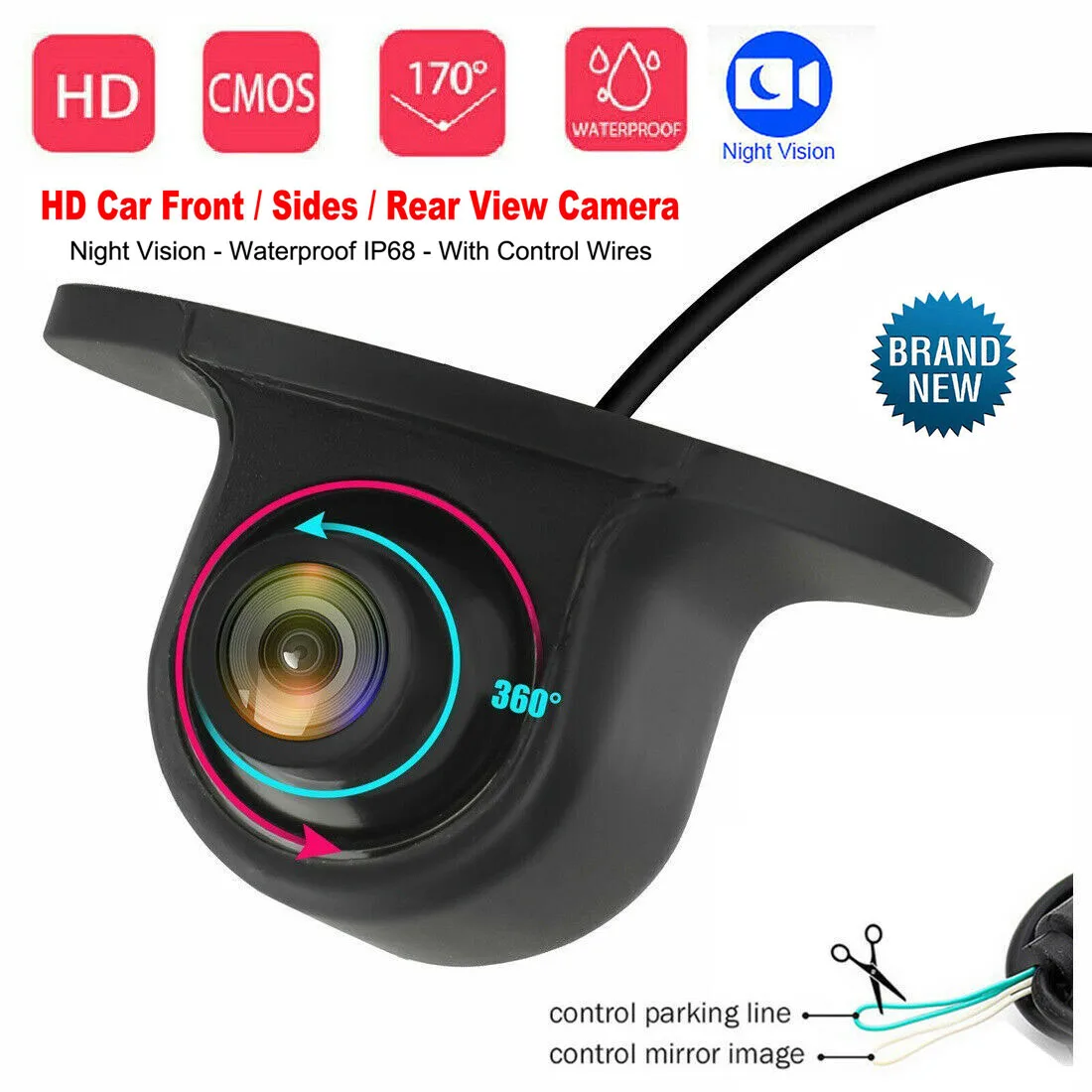 Car Rear View Camera Night Vision Reversing Auto Parking Camera IP68 Waterproof CCD Auto Backup Monitor 170 Degree HD Image