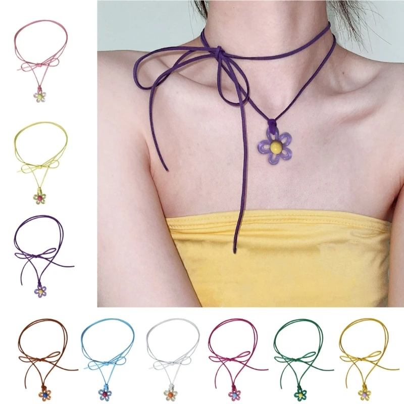 Unique Colorful Flower Clavicle Chain Elegant Floral Collar Necklace Velvets Rope Acrylic Flower Choker Summer Beach