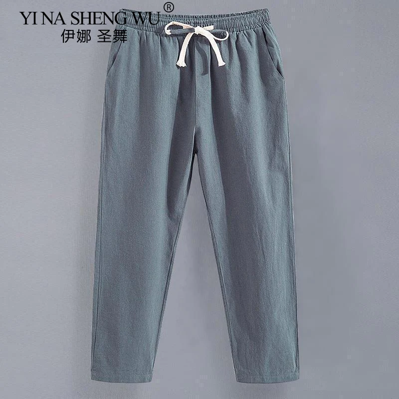 Kimono Men's Summer Linen Cropped Pants Men's Loose Straight-leg Casual Pants Thin Cotton Linen Pants Trendy Youth Pants