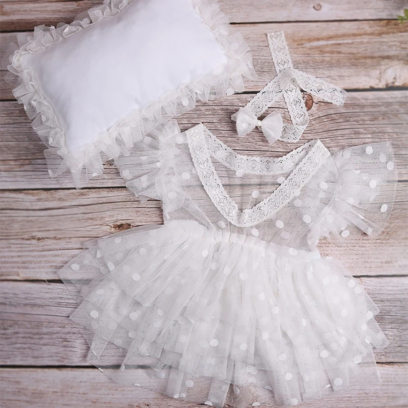 Baby Photography Props Newborn Infant Girls Dress with Pillow Hairband Set