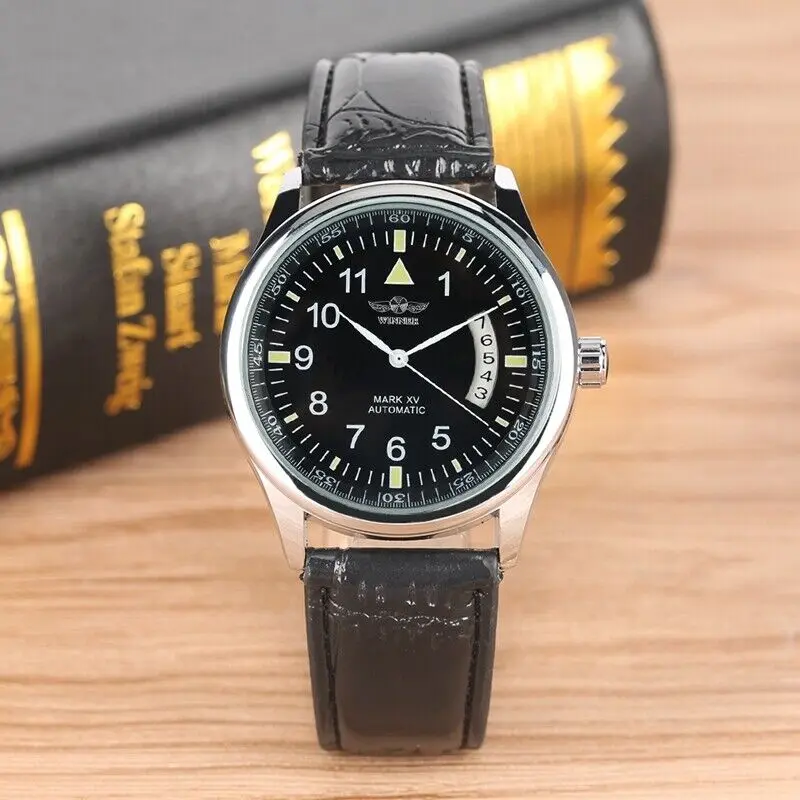 WINNER Mens Automatic Mechanical Watch Black/White Luminous Dial Black Leather Watches